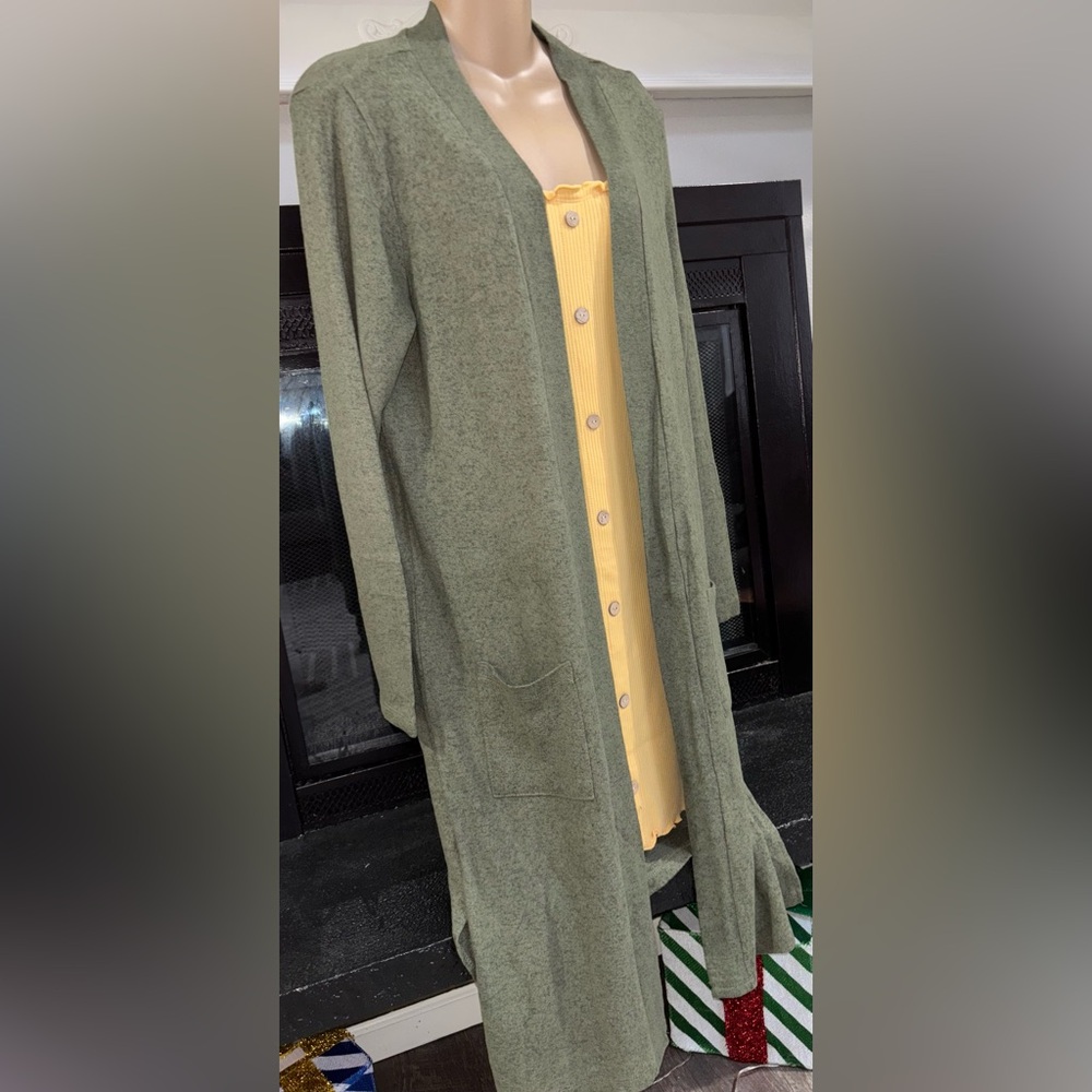 Long Army Green Cardigan.  MED (8-10)